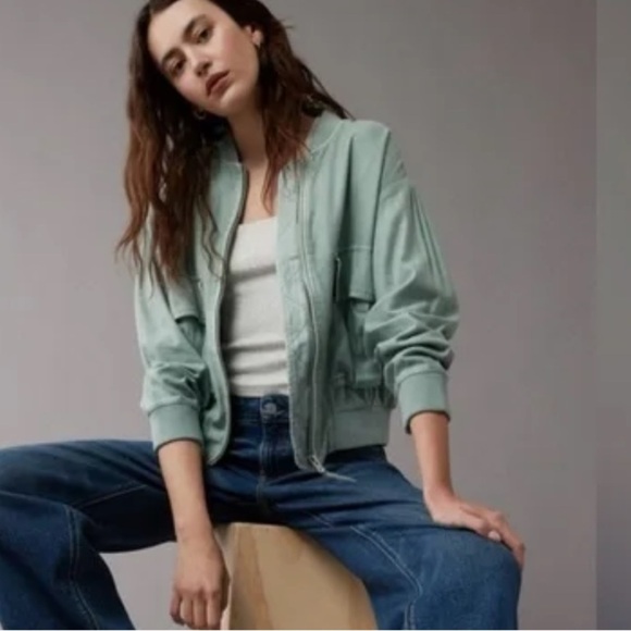 American Eagle-Linen-Blend Cropped Bomber Jacket-Size Small-Moss Grey - Picture 2 of 9